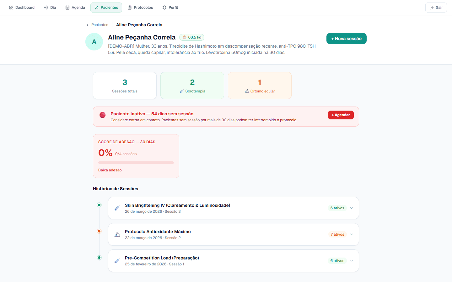 Ficha completa de paciente na Vitra mostrando alerta de inatividade, score de adesão, total de sessões e histórico de protocolos prescritos.