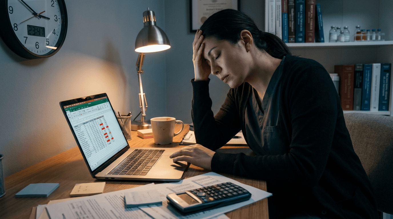 Profissional de saúde exausta às 23h47, com planilha aberta no notebook e calculadora ao lado